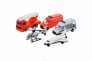 Игровой набор Вертолет, самолет, 2 микроавтобуса и пожарная машина (Siku, 6282k)